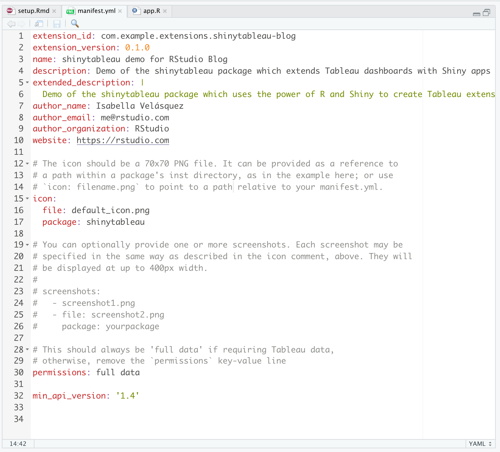 Example of the manifest.yml file produced in shinytableau which details the metadata that you can provide your shinytableau extension