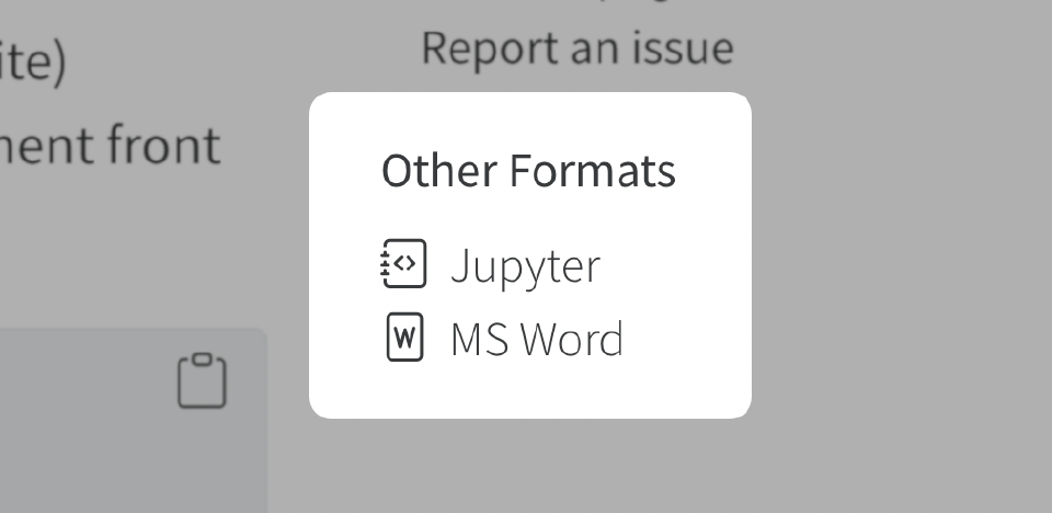 Screenshot of a Quarto webpage showing a section entitled 'Other Formats' with items Jupyter and MS Word