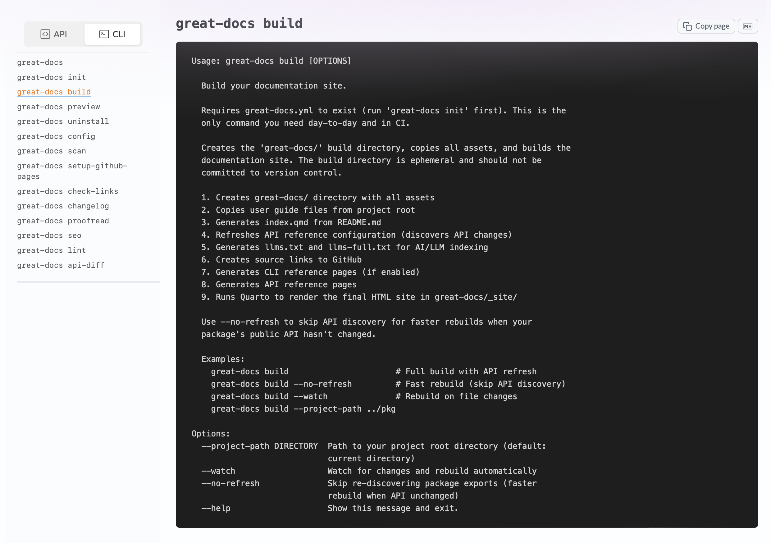 The CLI reference page for the great-docs build command, showing the command description, arguments, and options in a structured layout.